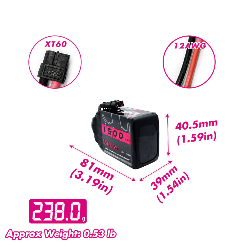 CNHL Black Series V2.0 1500mAh 22.2V 6S 130C Lipo Battery with XT60 Plug