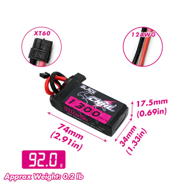 CNHL black series 1300mah 7.4v 2s 100c lipo battery with xt60 plug