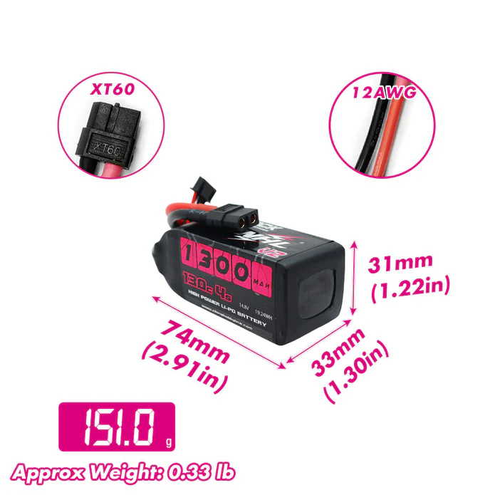 CNHL Black 14.8V 1300mAh V2 4S 130C Lipo Battery with XT60 Plug