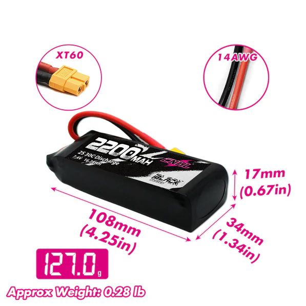 CNHL Black Series 2200mAh 7.4V 2S 30C Lipo Battery with XT60